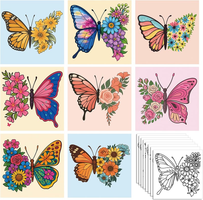 Zynlio 8 Packs 8 * 8in Butterfly Pre Drawn Canvas to Paint,Pre Printed Canvas for Adults, Painting Boards for Beginners, Students, Party Favor (Butterfly) - Image 1
